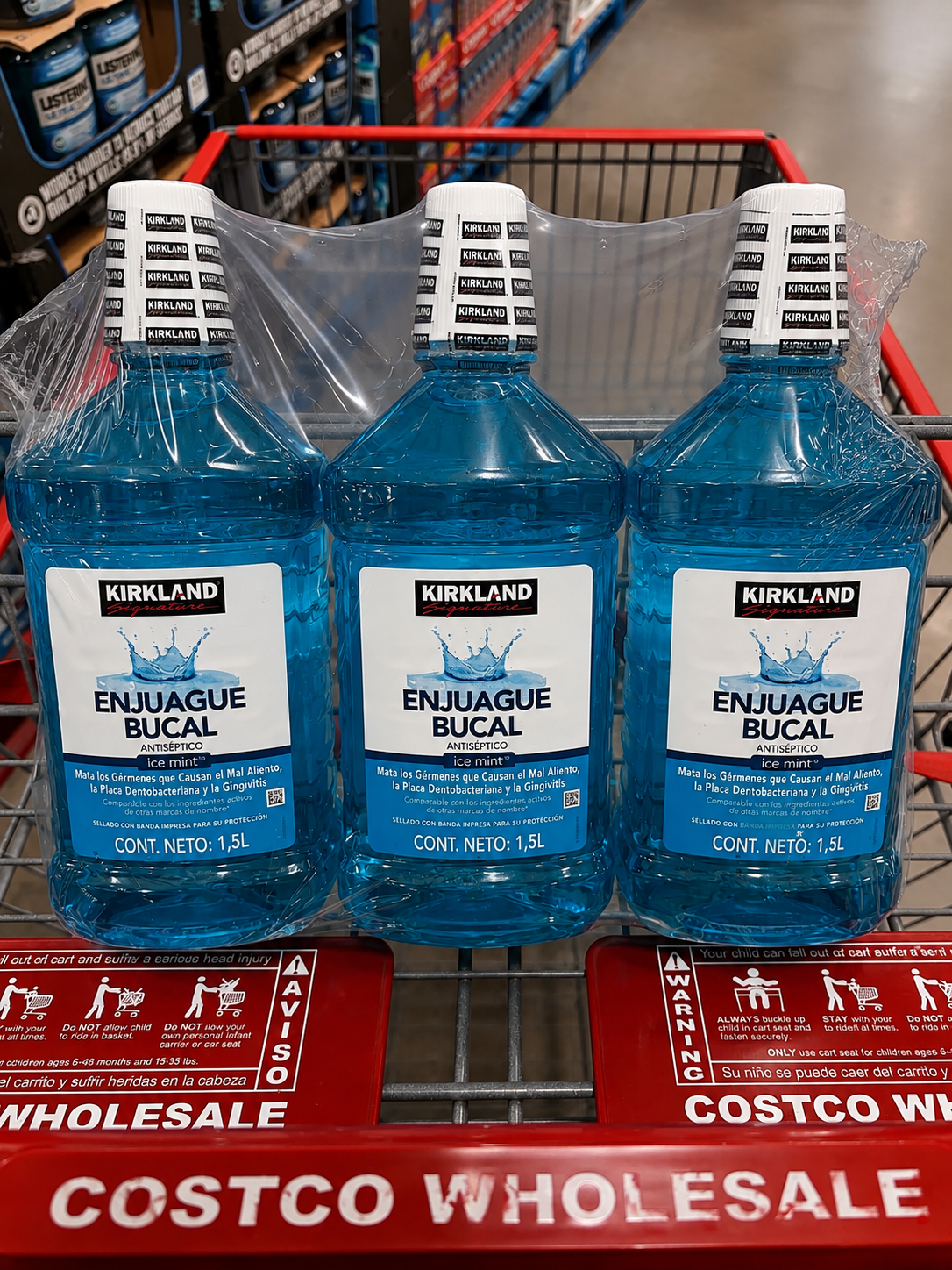 🦷 Kirkland Signature Enjuague Bucal Antiséptico Ice Mint – 3 piezas de 1.5 L